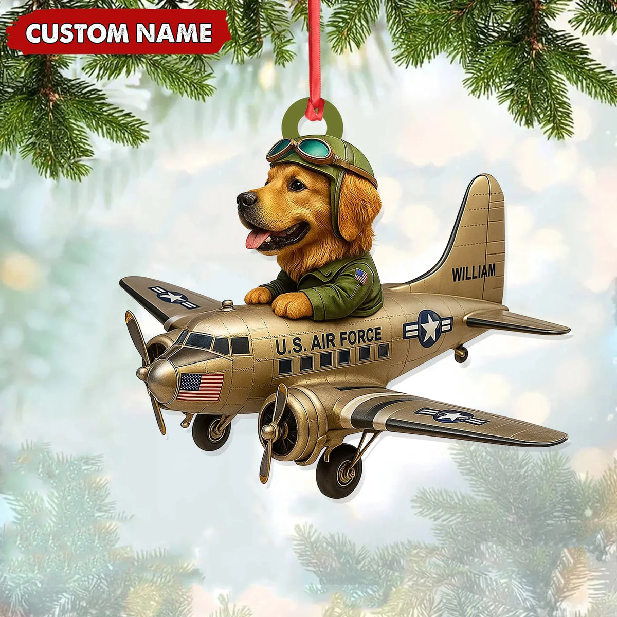 MollyTee Personalized Dog Pilot Christmas Ornament And Keychain, Custom Name U.S. Air Force Airplane, Military Dog Lover Tree Decor Gift - image 1