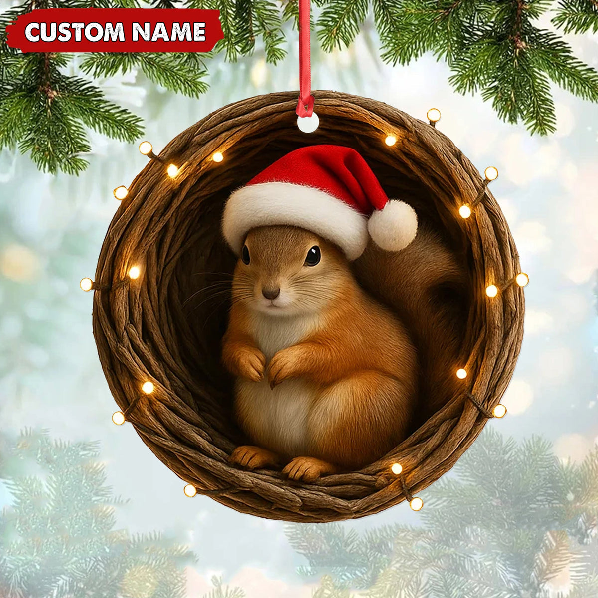 MollyTee Personalized Squirrel Christmas Ornament, Custom Name Woodland Nest Santa Hat Decoration, Cute Holiday Tree Hanging Gift for Animal Lovers MT2411 - image 1