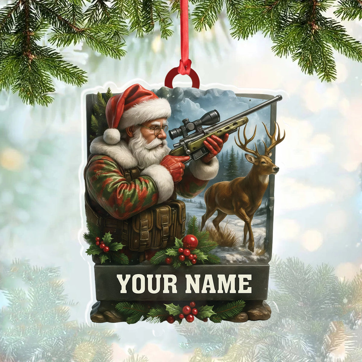 MollyTee Custom Name Santa Hunter Ornament, Deer Hunting Christmas Tree Decor, Personalized Camo Gift - image 1