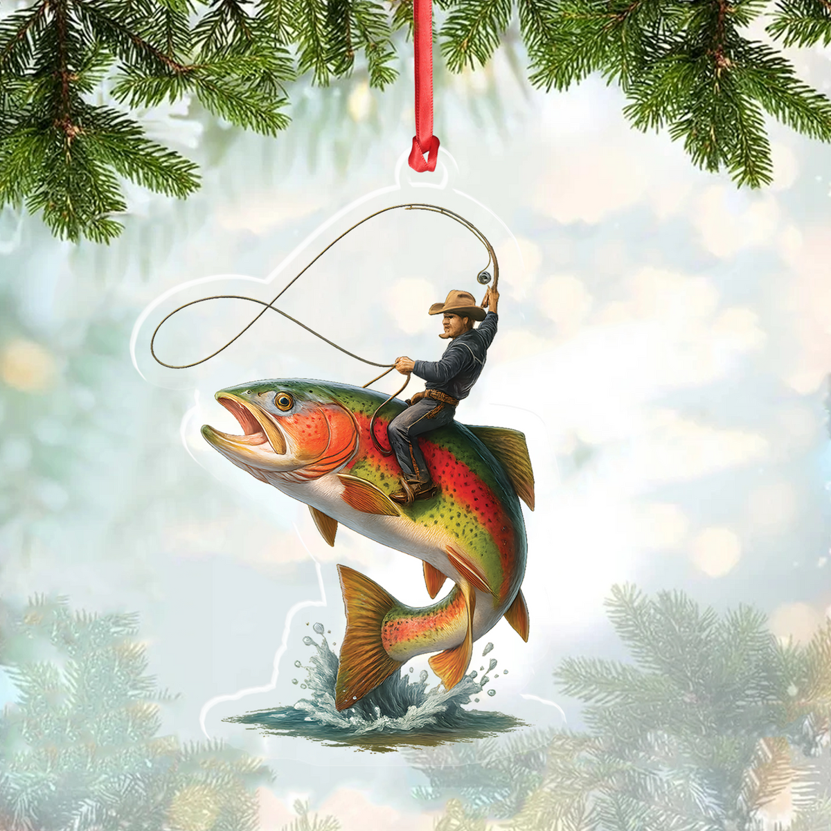 MollyTee Personalized Funny Fishing Acrylic Ornament - Cowboy Riding Fish Christmas Decoration for Fishermen - image 1