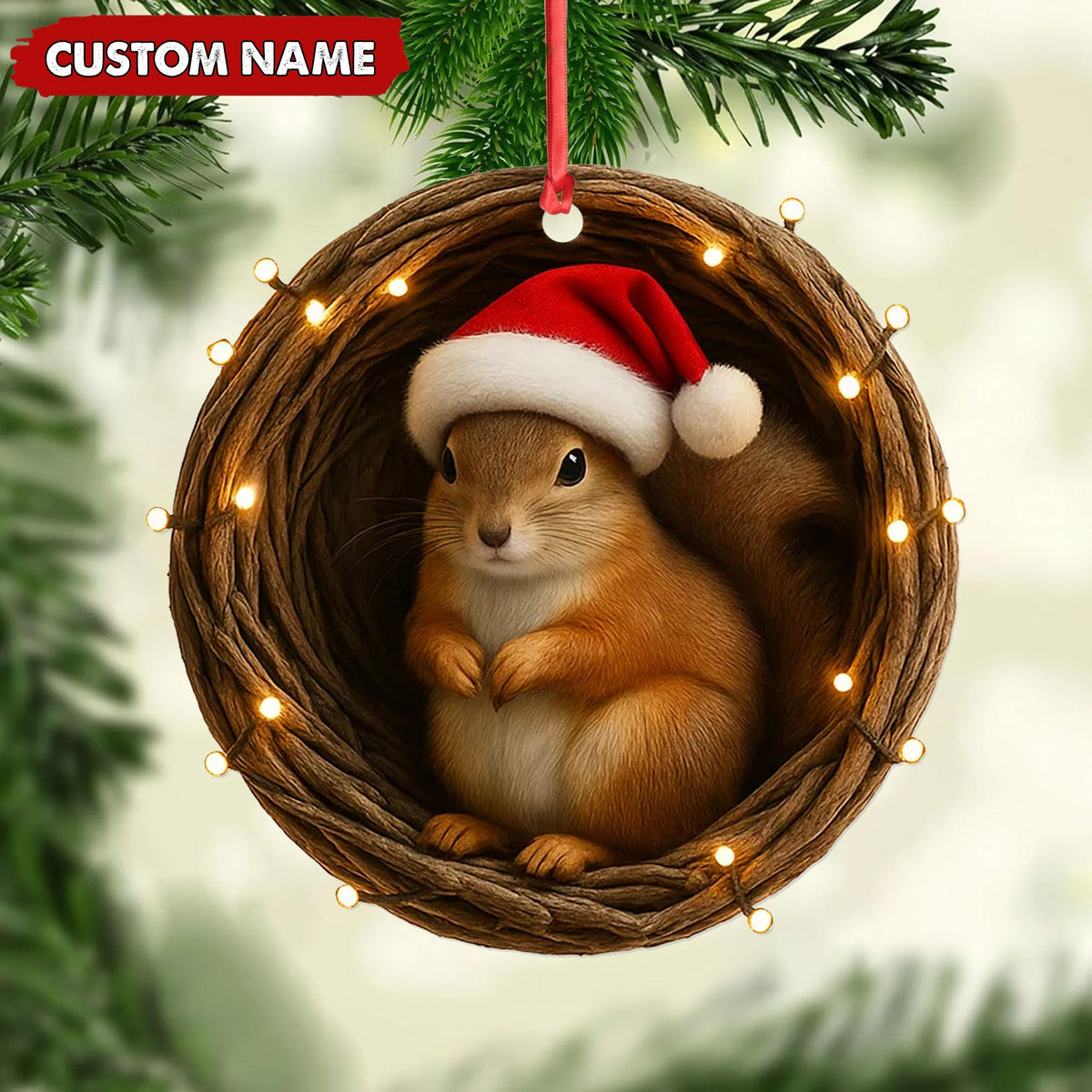 MollyTee Personalized Squirrel Christmas Ornament, Custom Name Woodland Nest Santa Hat Decoration, Cute Holiday Tree Hanging Gift for Animal Lovers MT2411 - image 2