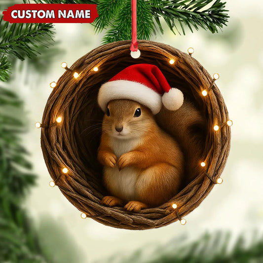 MollyTee Personalized Squirrel Christmas Ornament, Custom Name Woodland Nest Santa Hat Decoration, Cute Holiday Tree Hanging Gift for Animal Lovers MT2411 - image 2