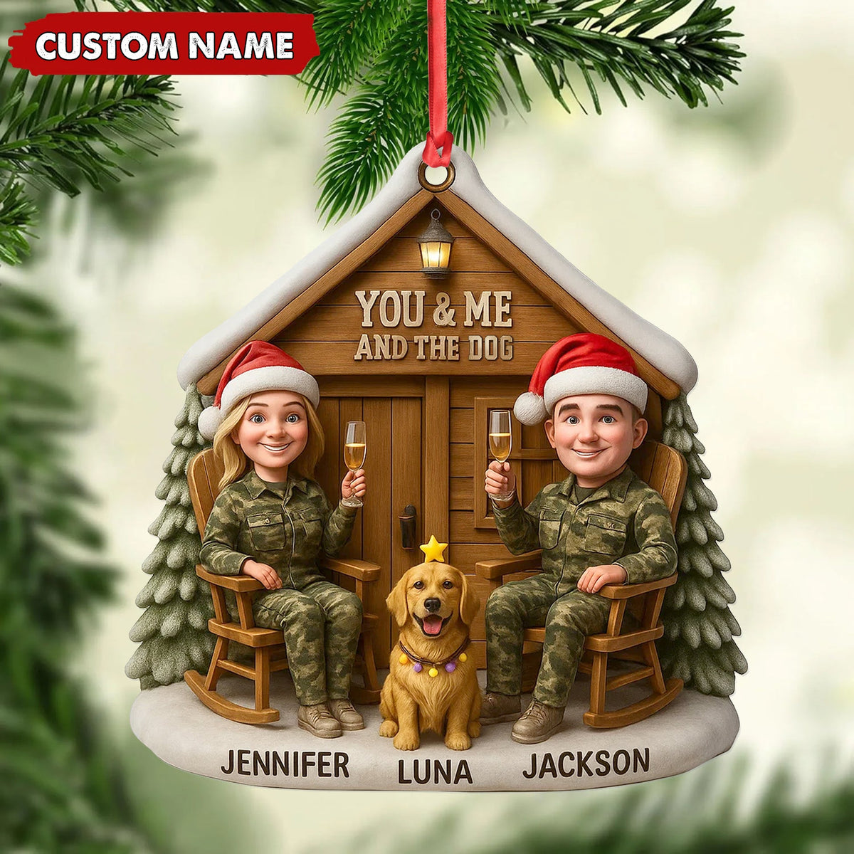 MollyTee Personalized Hunter Couple Dog Christmas Ornament, Custom Name “You and Me and the Dog” Cabin, Cute Hunting Family Pet Lover Gift - image 5