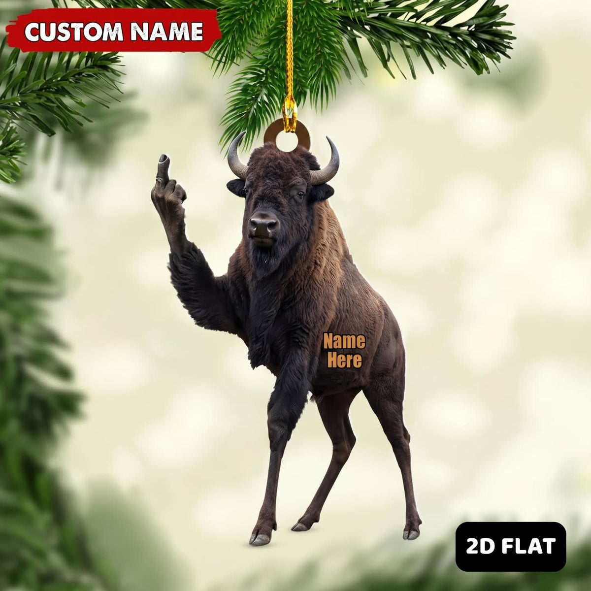 MollyTee Bison Hunting Middle Finger Gesture Funny Bison Hunter Gift Customized Name 3D-Look Keychain And Ornament - image 1
