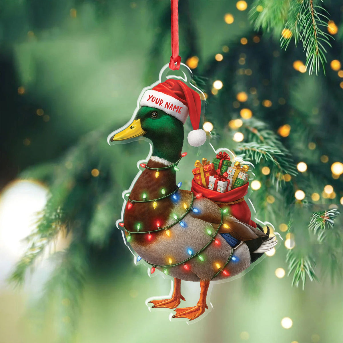 MollyTee Funny Christmas Duck Acrylic Ornament - Mallard Santa with Lights and Gifts, Personalized Holiday Decoration for Duck Lovers, Unique Hunter Christmas Gift - image 3