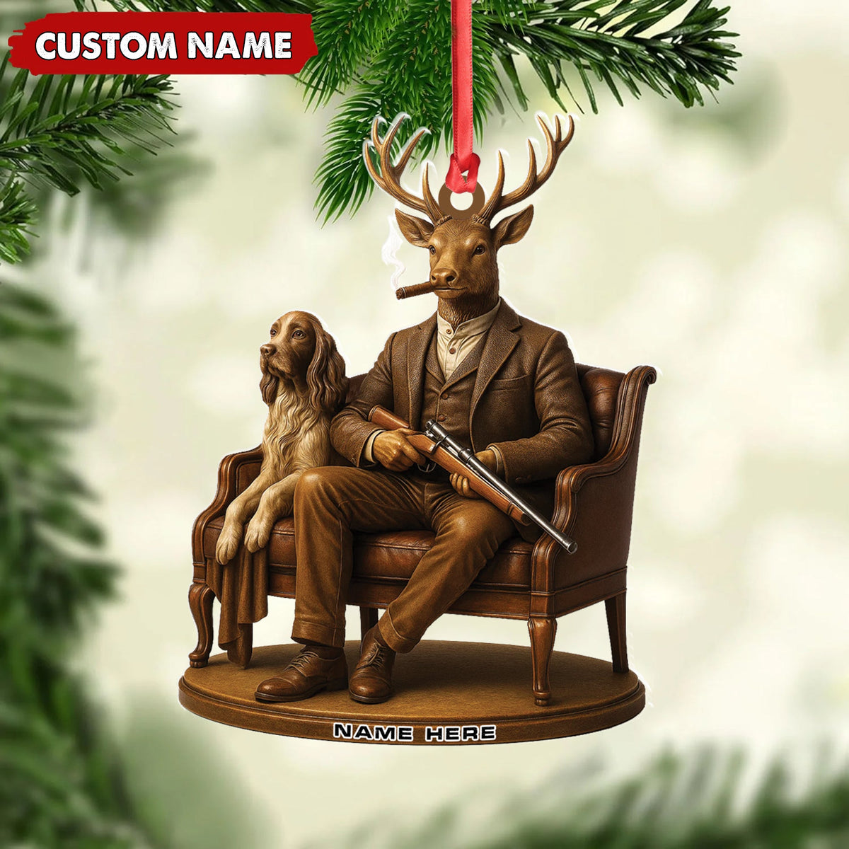 MollyTee Personalized Acrylic Deer Christmas Ornament - Elegant Hunter Buck with Dog Holding Rifle Holiday Decor - image 2