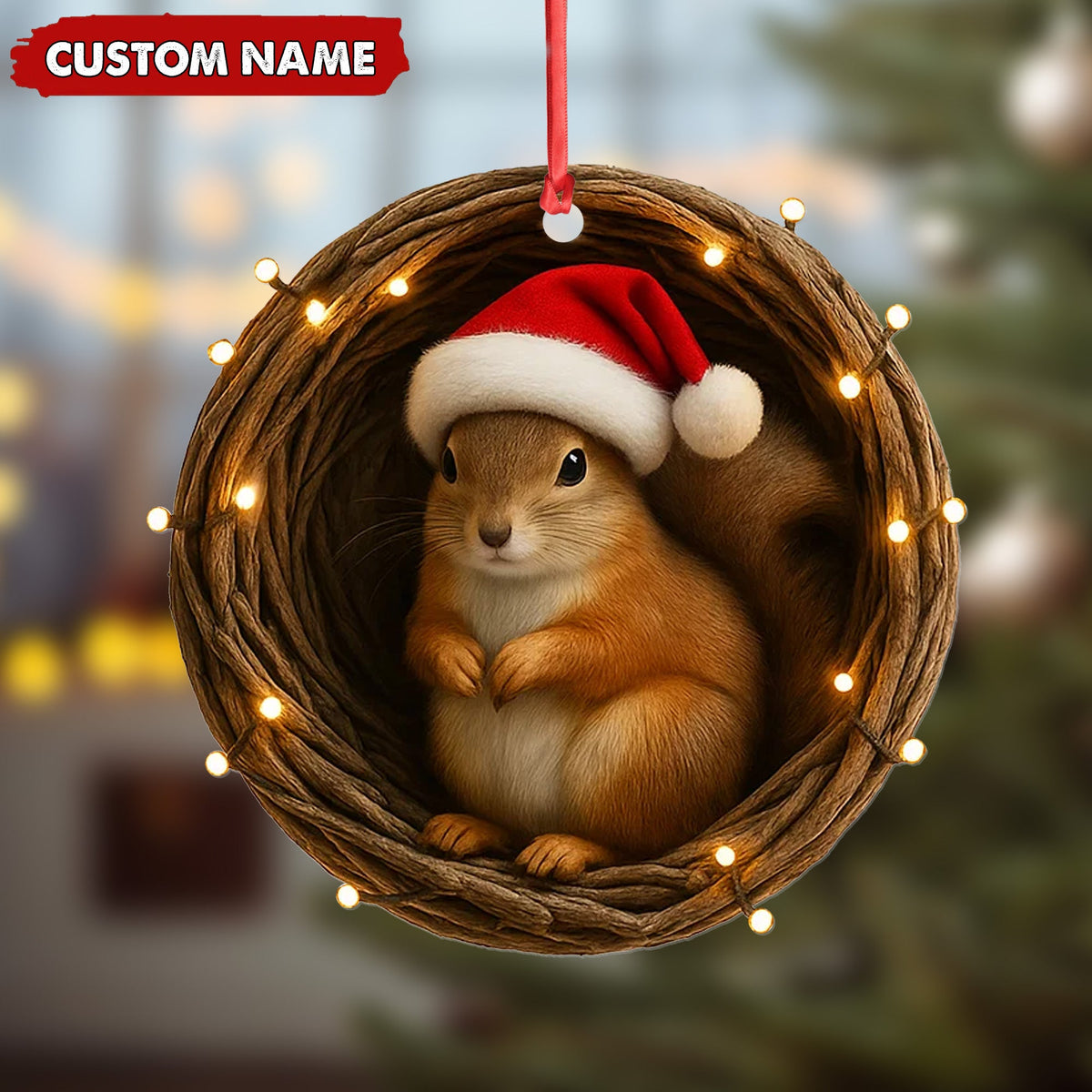 MollyTee Personalized Squirrel Christmas Ornament, Custom Name Woodland Nest Santa Hat Decoration, Cute Holiday Tree Hanging Gift for Animal Lovers MT2411 - image 4