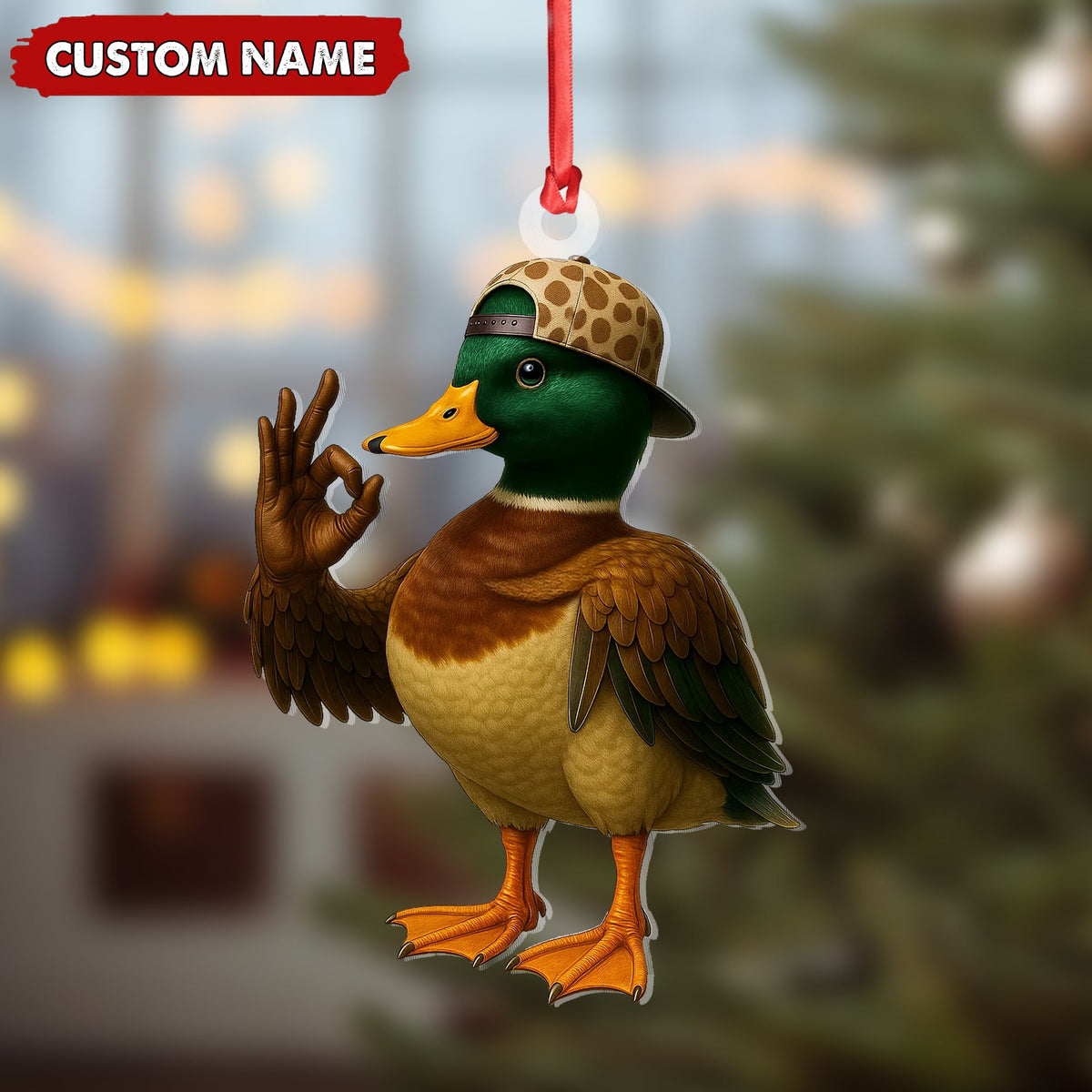 MollyTee Personalized Cool Duck Christmas Ornament, Custom Name Mallard Wearing Hat, Funny Hipster Duck Tree Decoration - image 3