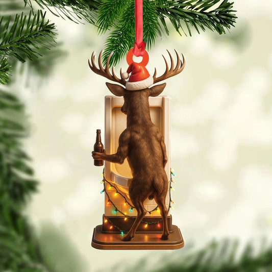 MollyTee Personalized Acrylic Deer Christmas Ornament - Funny Buck with Santa Hat Drinking Beer by Urinal Holiday Decor - image 2