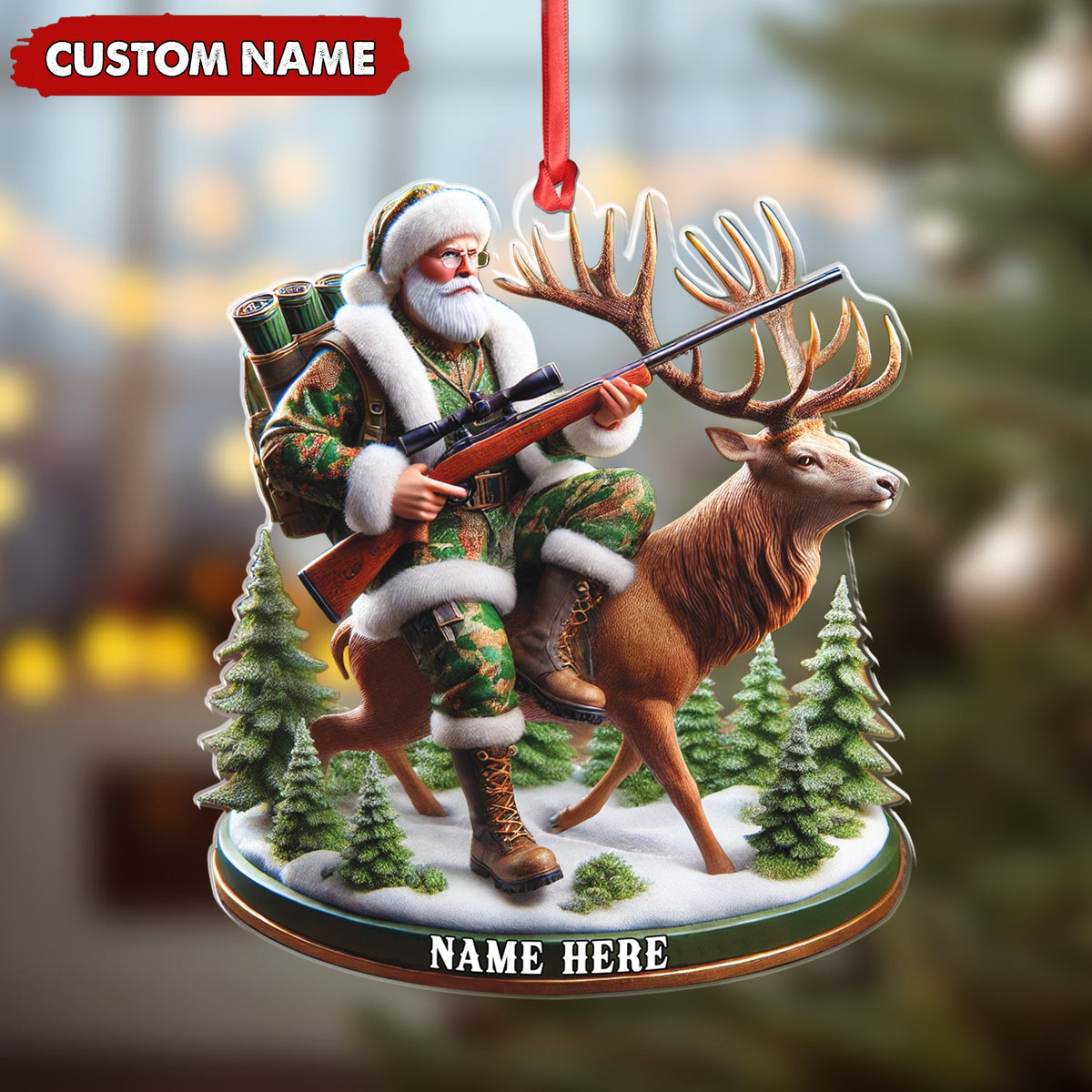 MollyTee Personalized Acrylic Hunter Santa Riding Deer Christmas Ornament - Custom Hunting Gift Decoration - image 4