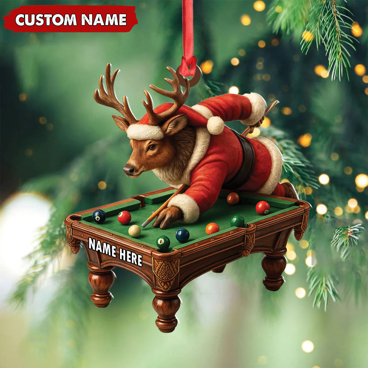 MollyTee Personalized Acrylic Deer Christmas Ornament - Funny Buck Playing Pool in Santa Outfit Holiday Decor - image 4