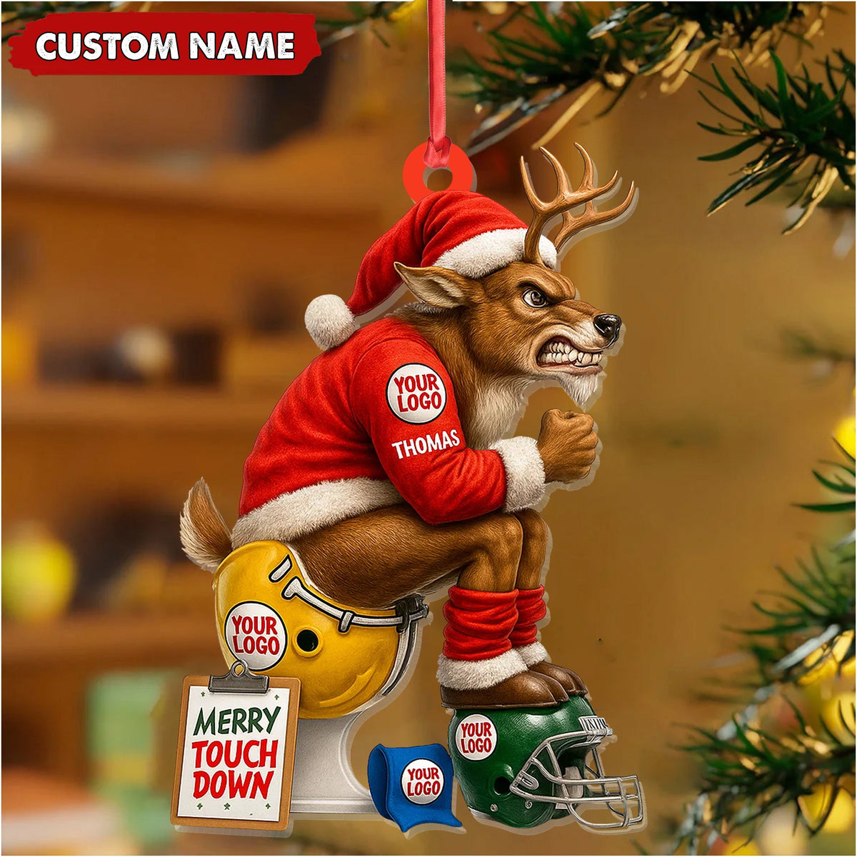 MollyTee Personalized Football Christmas Ornament, Custom Reindeer Santa Touchdown Decoration, Funny Custom Name Team Logo Gift MT2411 - image 5