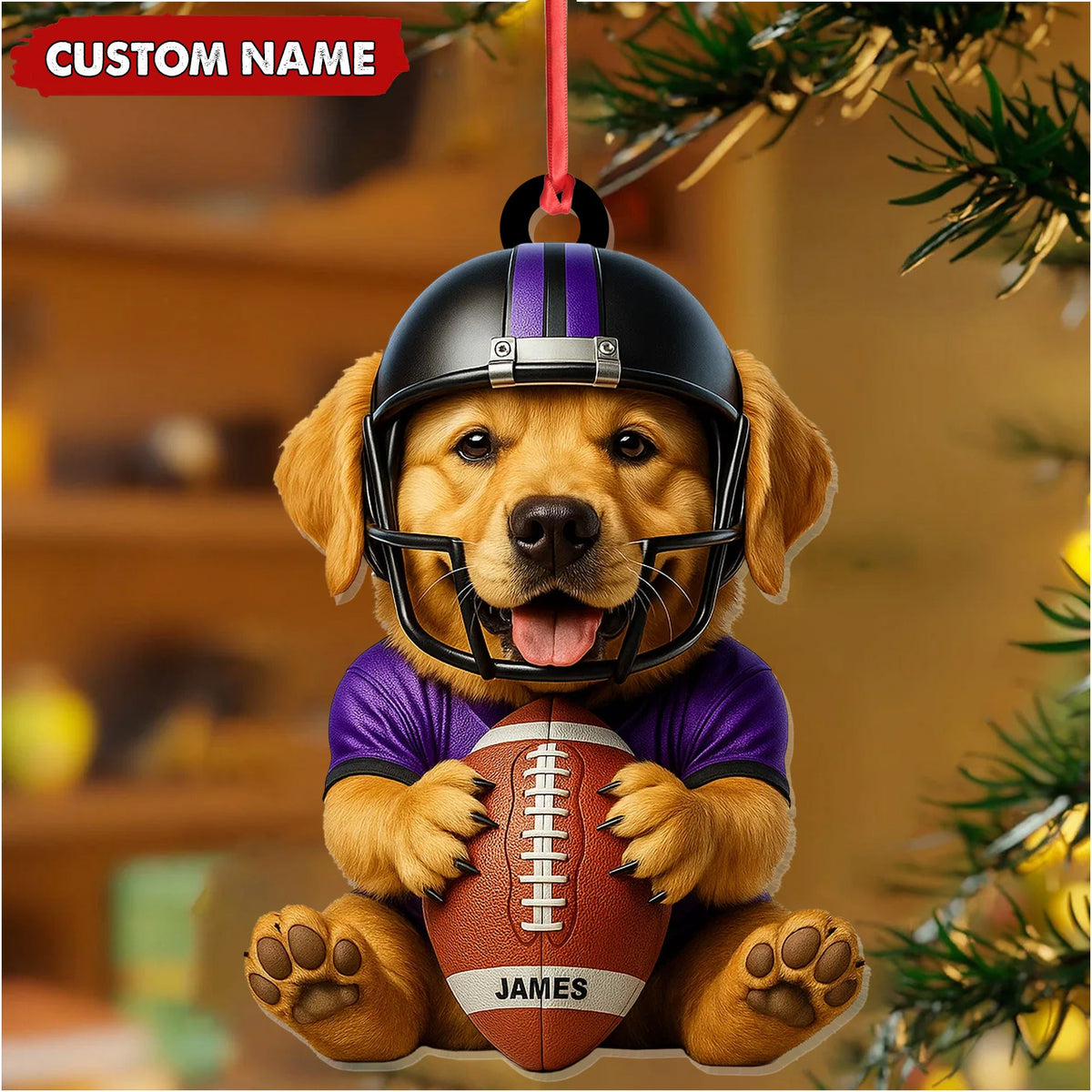 MollyTee Personalized Football Puppy Christmas Ornament And Keychain, Custom Name Dog in Helmet Holding Ball, Cute Pet Lover Tree Decoration - image 6