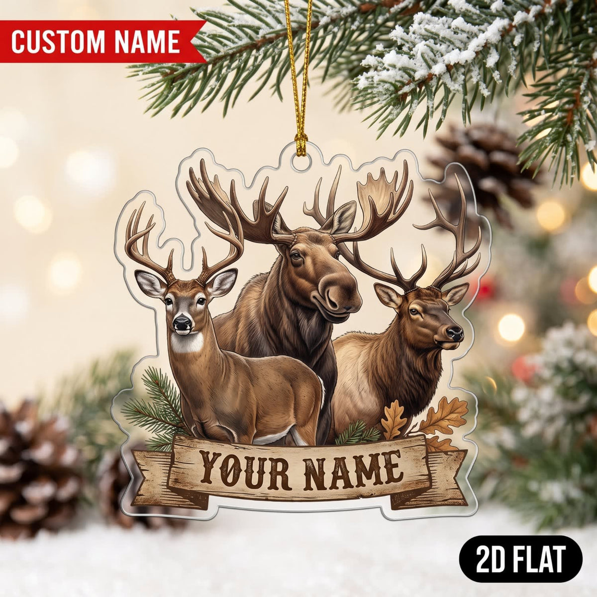 MollyTee Hunting Deer Moose Wildlife Trio Customized Name 3D-Look Keychain And Ornament - image 1