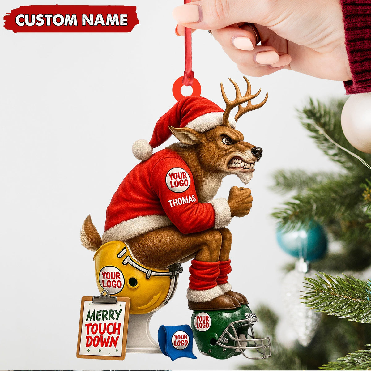 MollyTee Personalized Football Christmas Ornament, Custom Reindeer Santa Touchdown Decoration, Funny Custom Name Team Logo Gift MT2411 - image 6