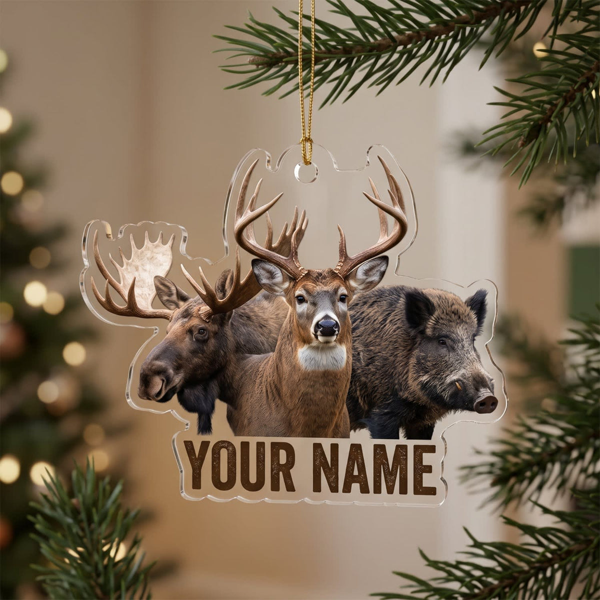 MollyTee Hunting Moose Deer Bear Wildlife Trio Customized Name 3D-Look Keychain And Ornament - image 1