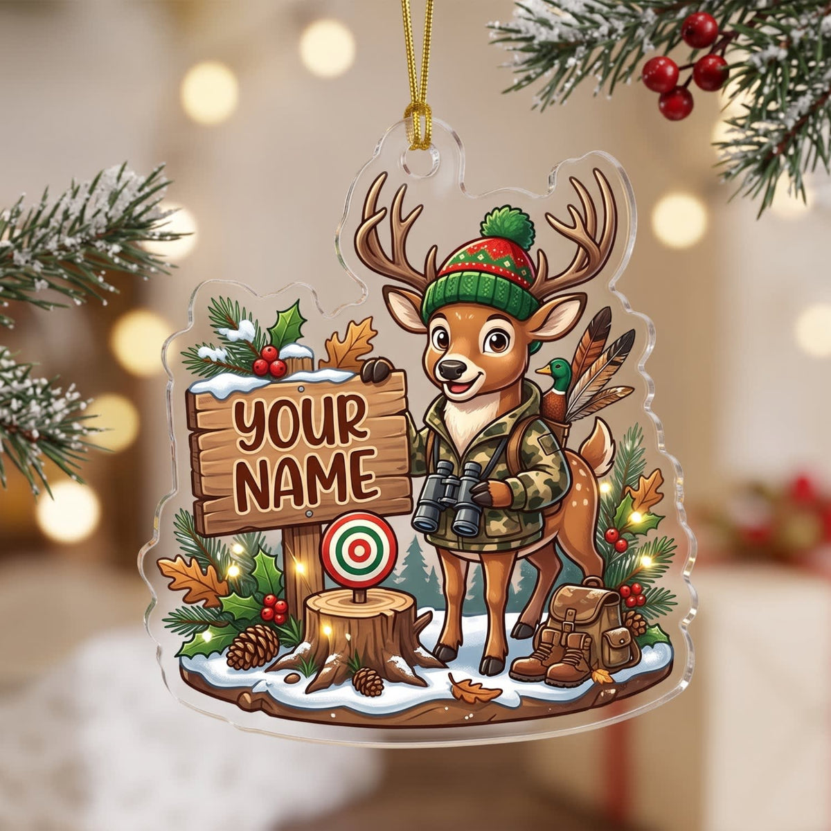 MollyTee Deer Hunting Christmas Hunter Buck Target Customized Name 3D-Look Keychain And Ornament - image 1