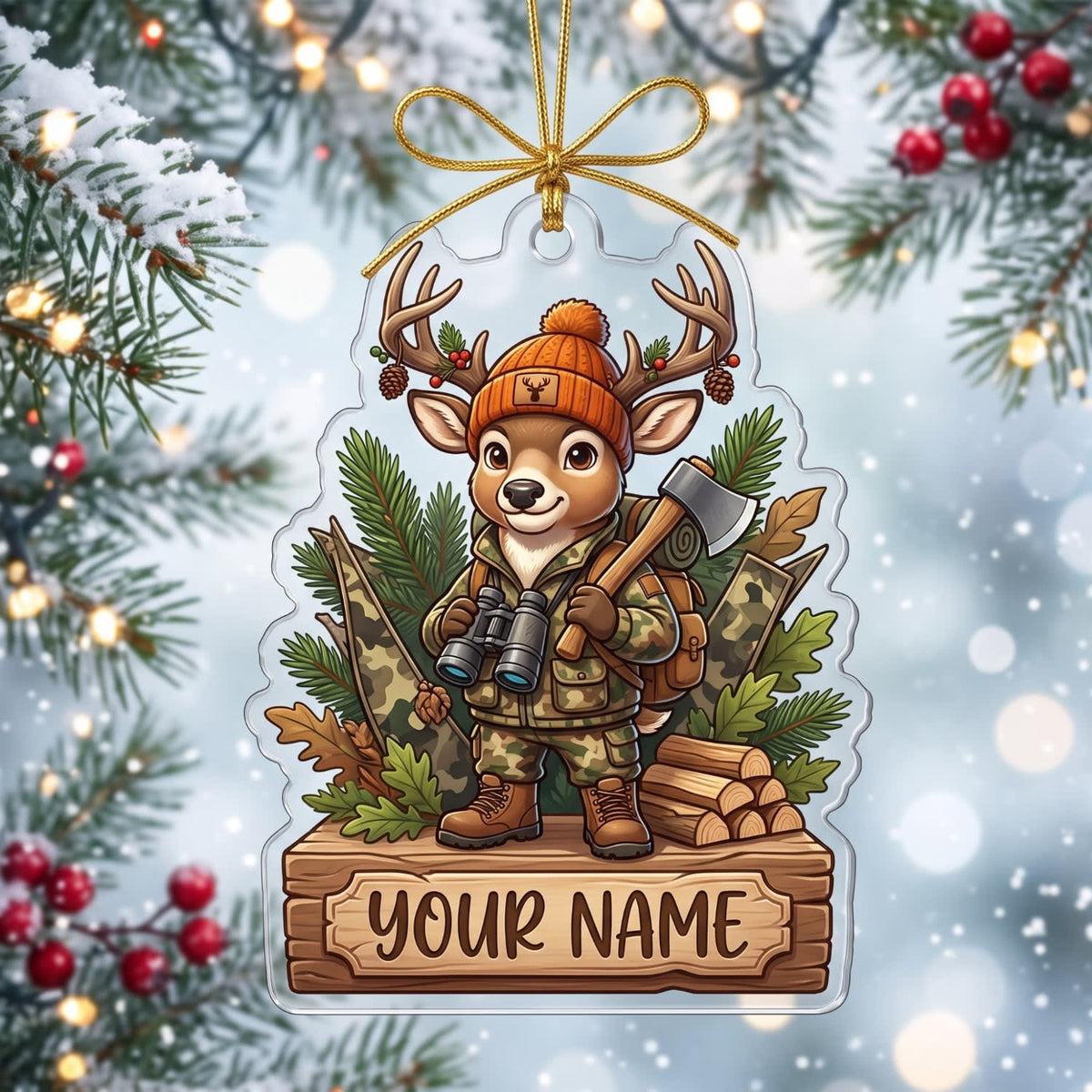 MollyTee Deer Hunting Christmas Woodland Hunter Buck Customized Name 3D-Look Keychain And Ornament - image 1