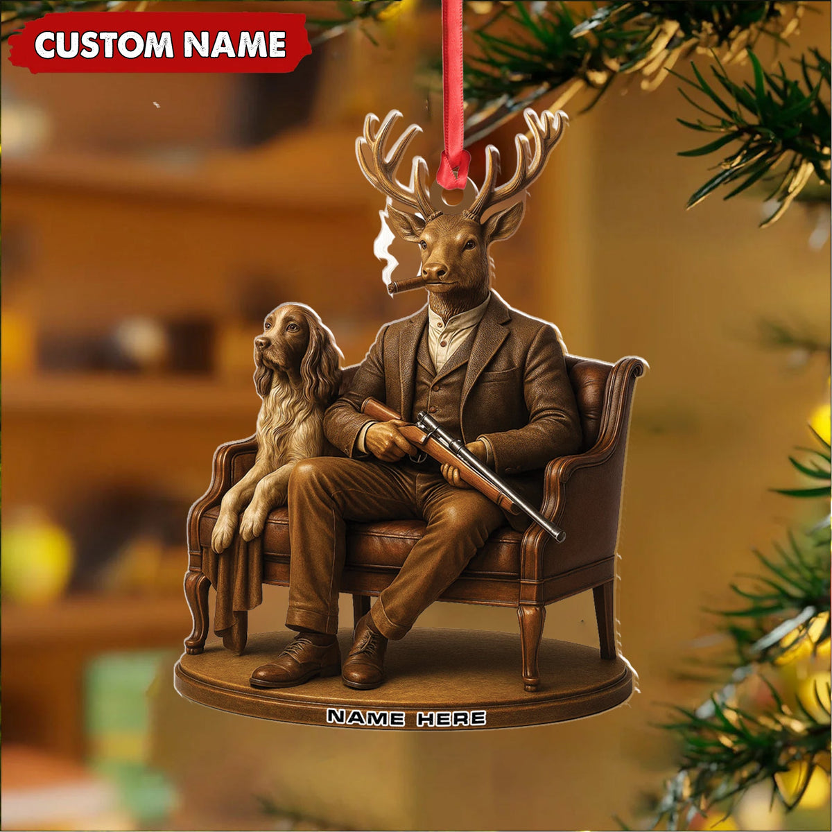 MollyTee Personalized Acrylic Deer Christmas Ornament - Elegant Hunter Buck with Dog Holding Rifle Holiday Decor 2D Flat - image 4