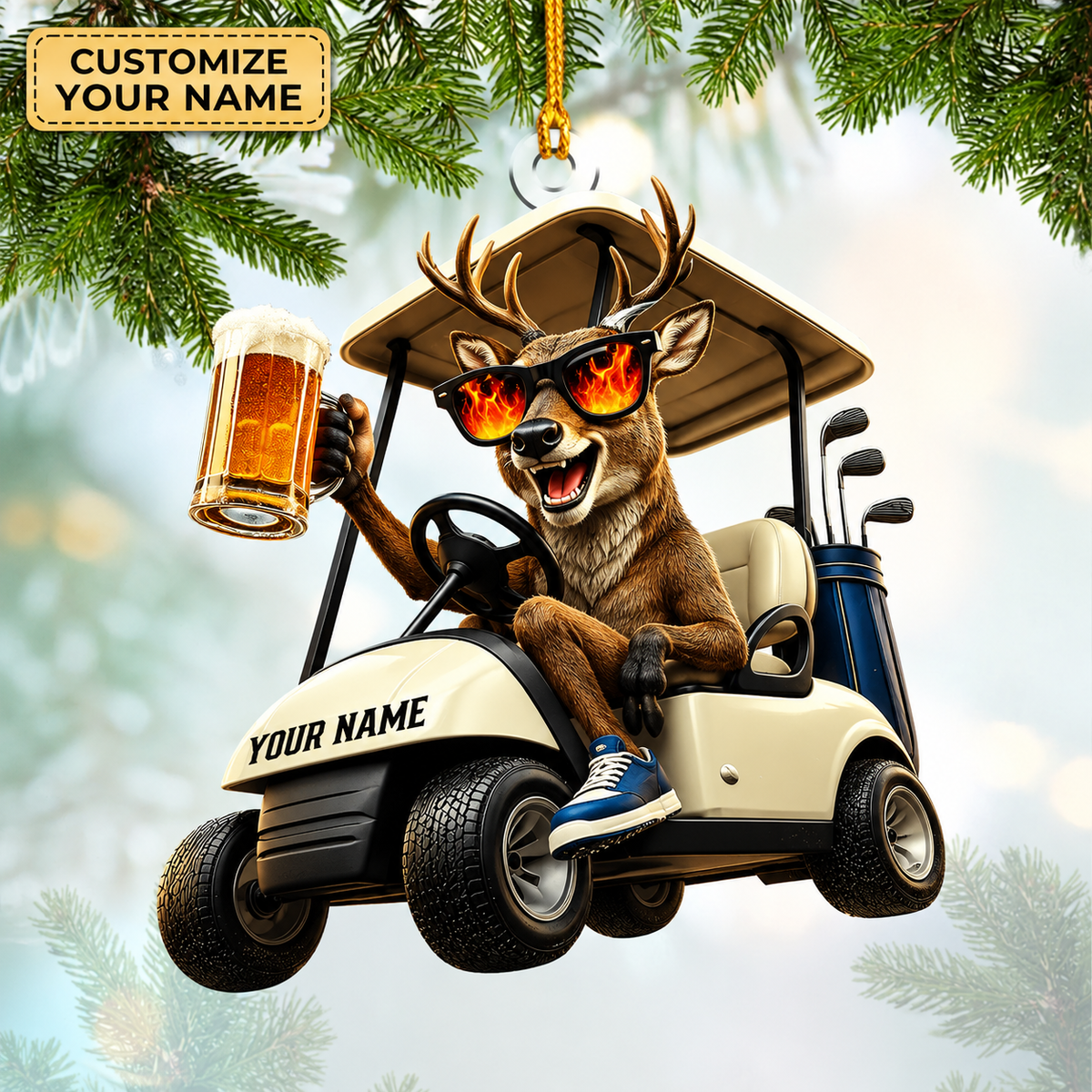 MollyTee Hunting Deer Driving Golf Cart With Beer Customized Name 3D-Look Keychain And Ornament - image 1