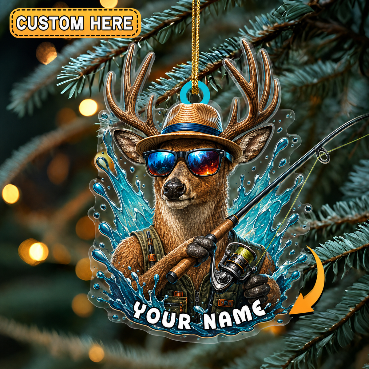 MollyTee Hunting Deer Fishing Water Splash Customized Name 3D-Look Keychain And Ornament - image 1
