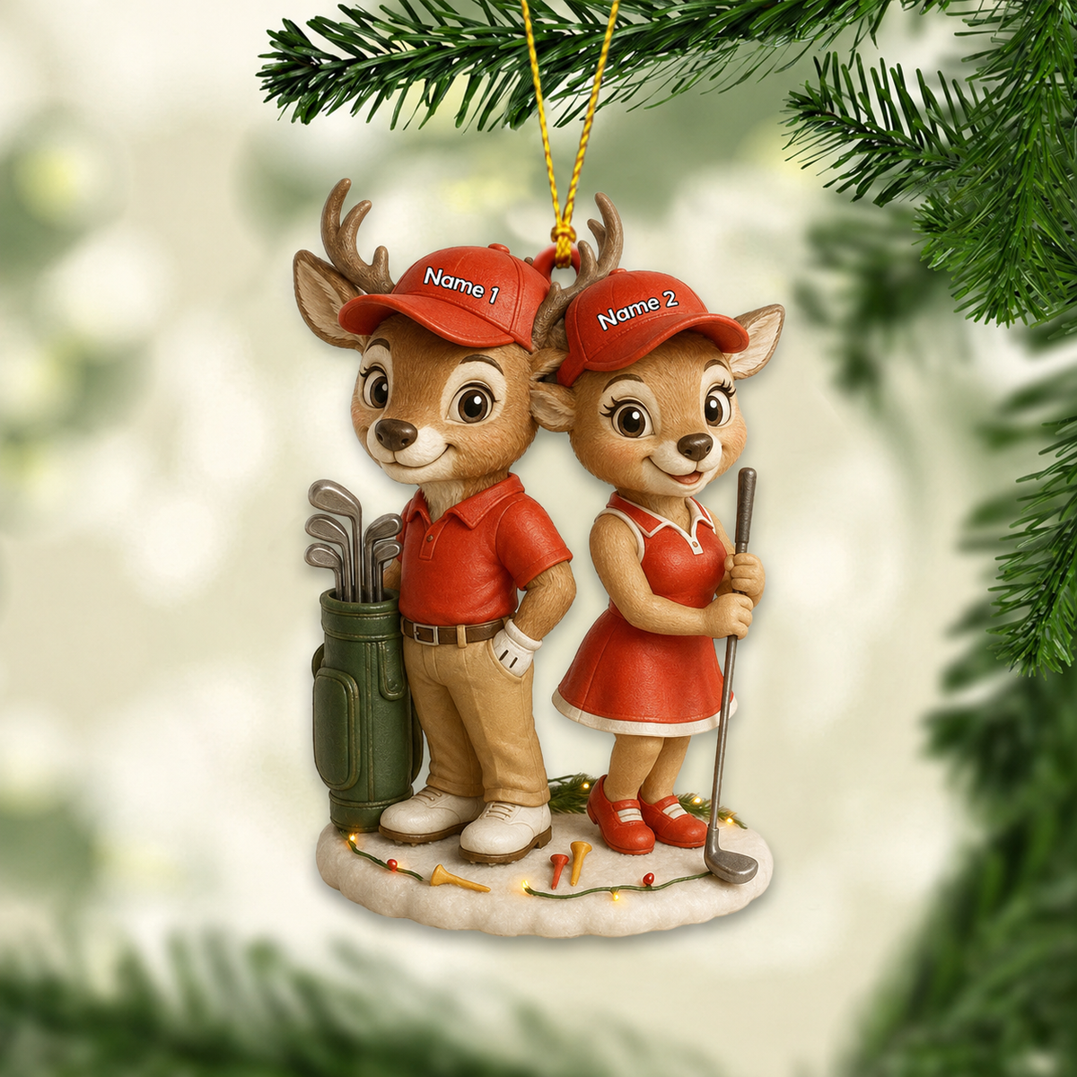 MollyTee Hunting Deer Golf Couple Customized Names 3D-Look Keychain And Ornament - image 1