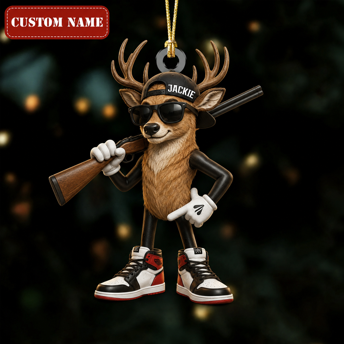 MollyTee Hunting Deer With Shotgun Sunglasses Customized Name 3D-Look Keychain And Ornament - image 1