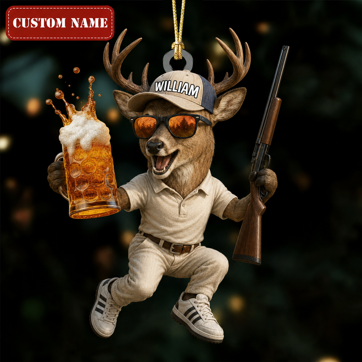 MollyTee Hunting Deer With Beer And Rifle Customized Name 3D-Look Keychain And Ornament - image 1