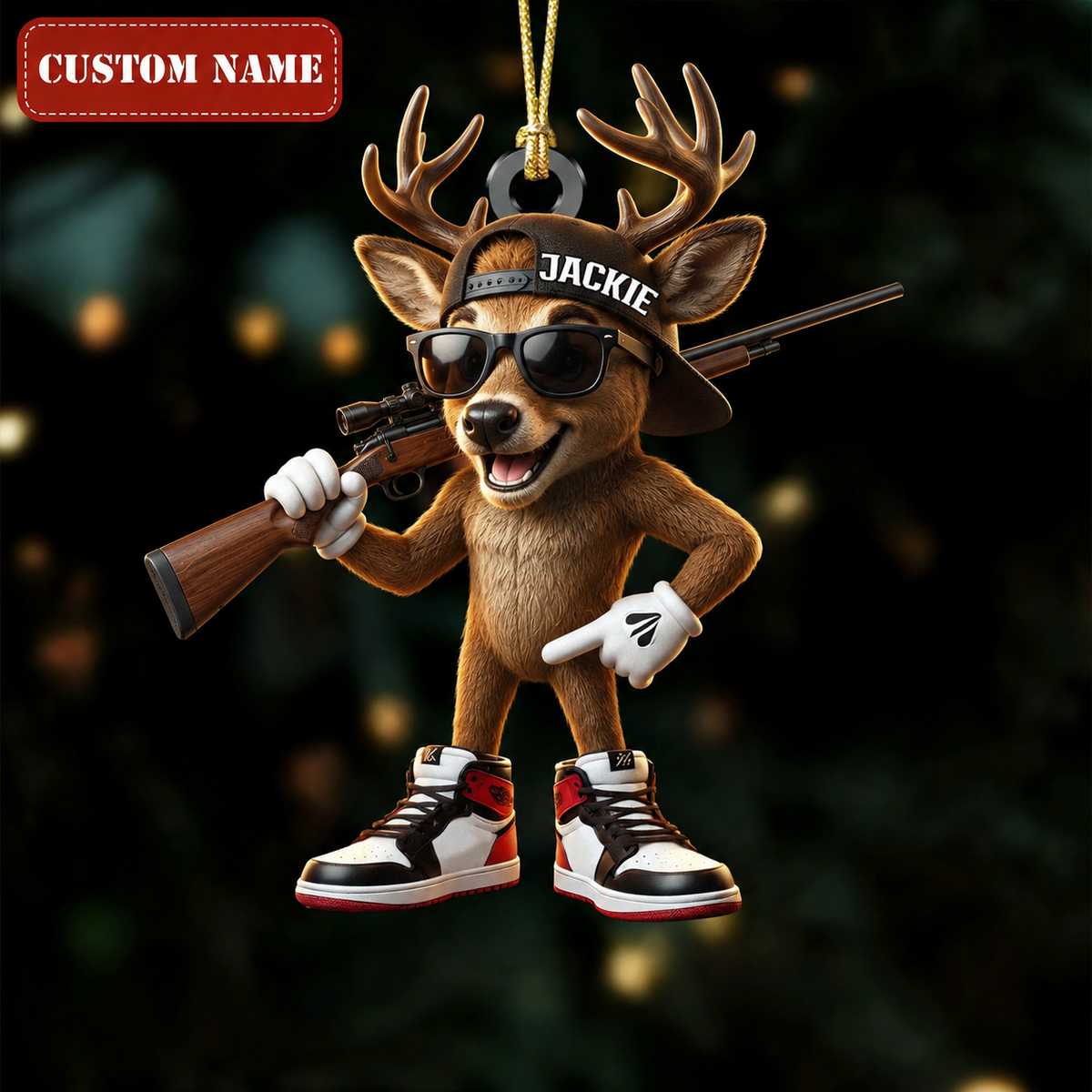 MollyTee Hunting Deer With Rifle Sunglasses Streetwear Style Customized Name 3D-Look Keychain And Ornament - image 1