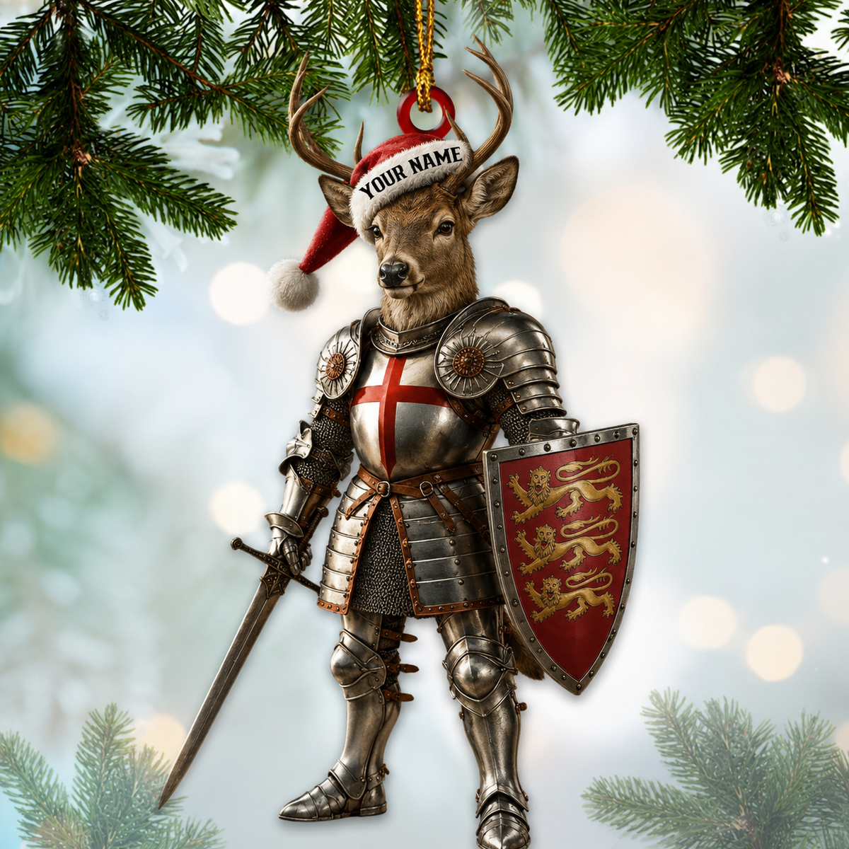MollyTee Hunting Deer Medieval Knight Santa Christmas Customized Name 3D-Look Keychain And Ornament - image 1
