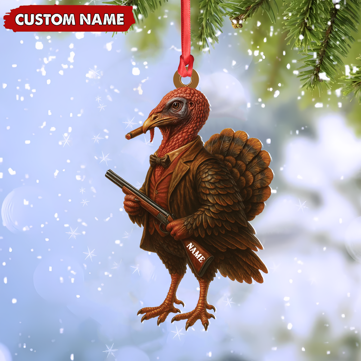 MollyTee Personalized Funny Turkey Hunter Ornament, Dapper Gobbler with Gun Christmas Decor, Unique Gag Gift for Hunters and Men - image 3