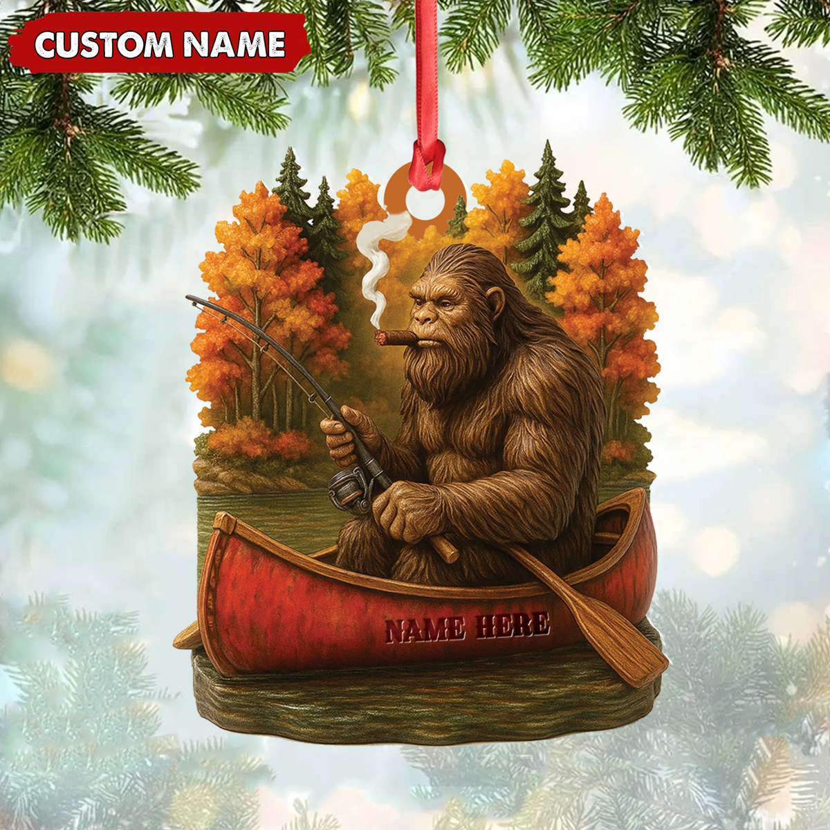 MollyTee Personalized Bigfoot Fishing Ornament, Funny Sasquatch in Canoe Christmas Decor, Unique Gift for Fishermen and Outdoor Lovers - image 1