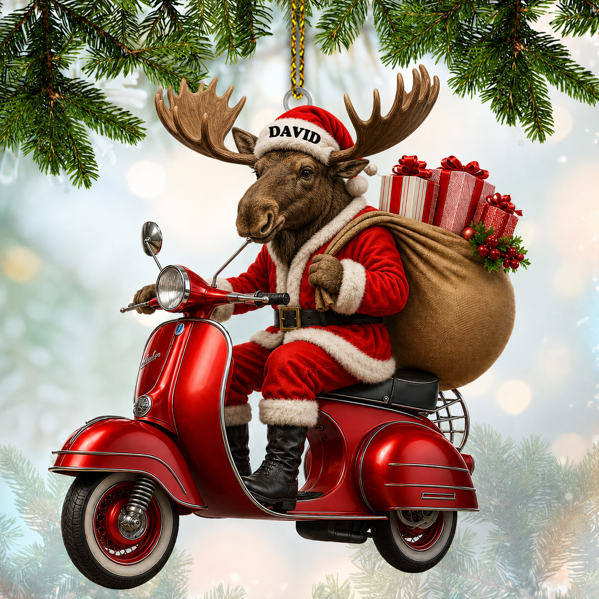 MollyTee Hunting Santa Moose Riding Red Scooter Customized Name 3D-Look Keychain And Ornament - image 1