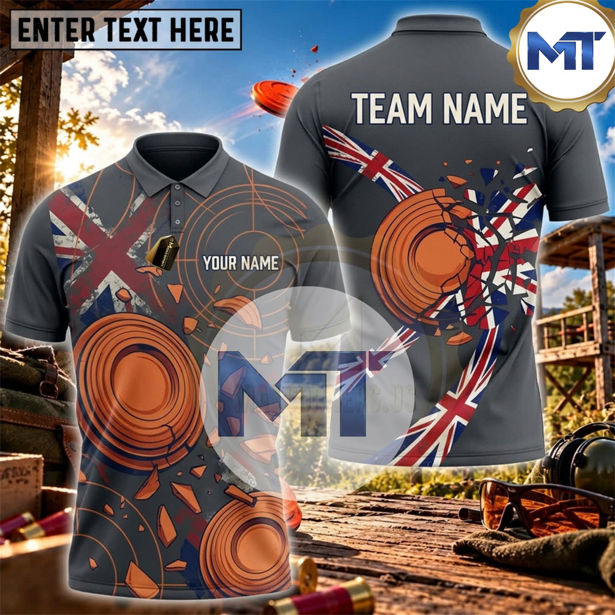 Union Jack Orange Target Trap Skeet Shooting Shirt - Blue