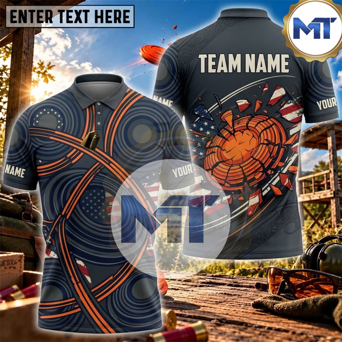 Navy Orange Target Orbit Trap Skeet Shooting Shirt - Blue