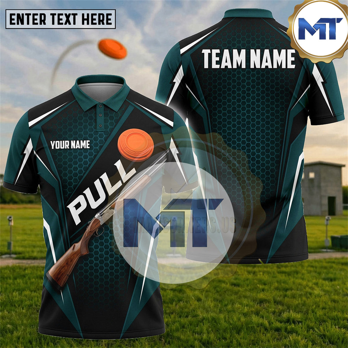 Pull Shotgun Clay Target Minimal Sport Trap Skeet Shooting Shirt - Cyan