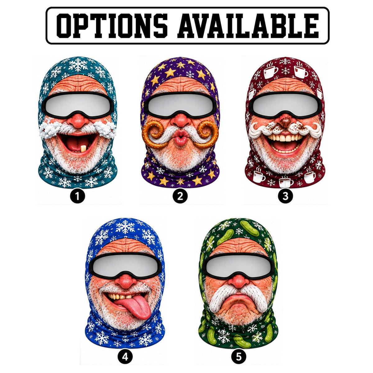 MollyTee Funny Christmas Santa Face Ski Mask Crazy Mustache Big Smile Tongue Out & Grumpy Expressions Snowflake Holiday Print Full Face Balaclava