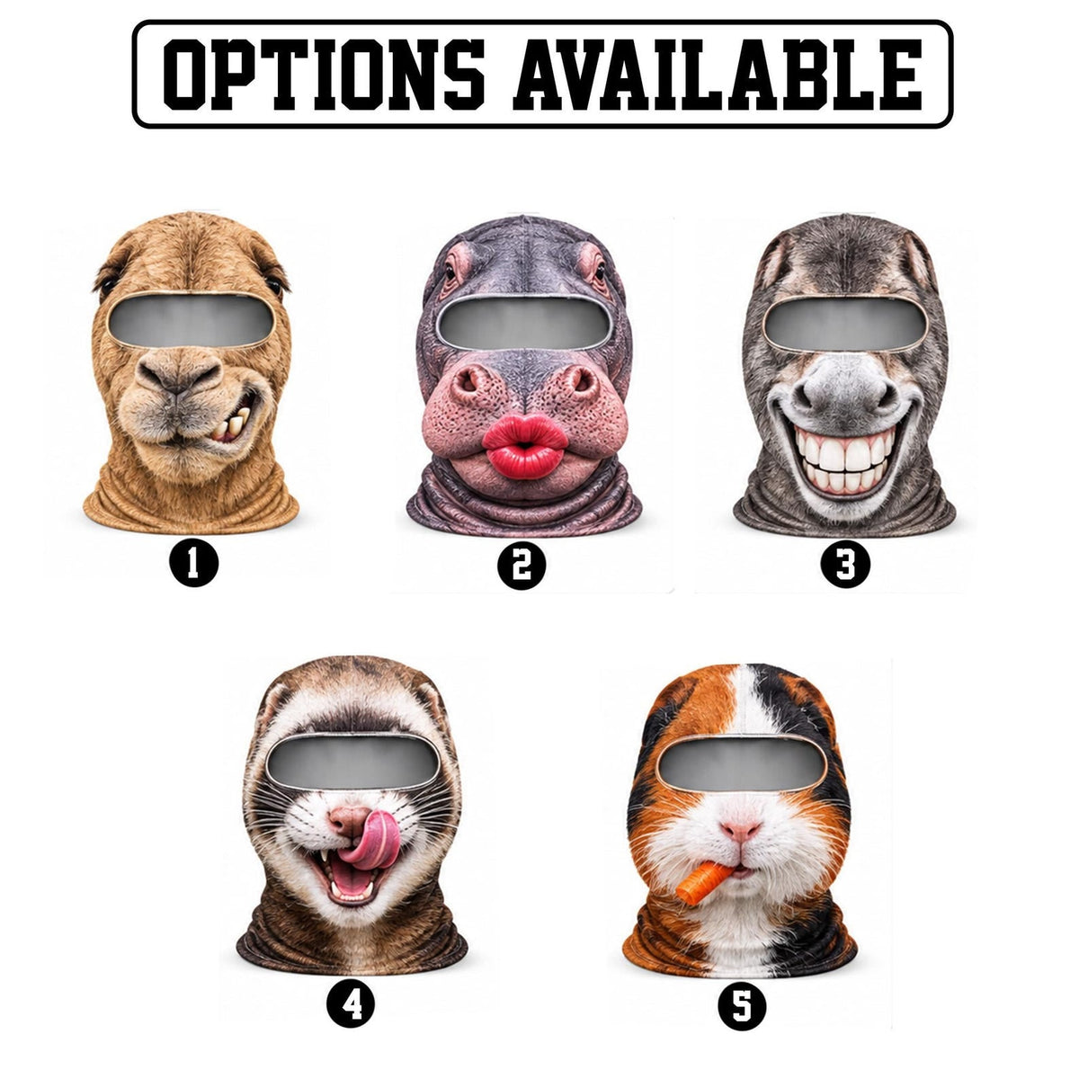 MollyTee Funny Animal Face Ski Mask Donkey Hippo Rabbit & Sloth Crazy Smiling Full Face Balaclava (5 faces)