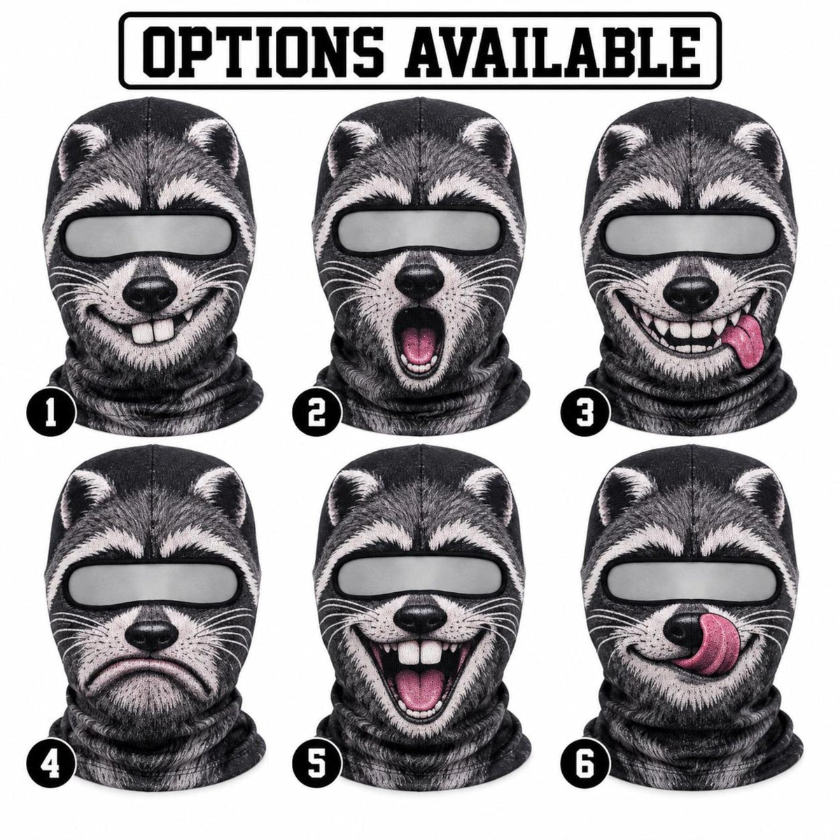 MollyTee Funny Raccoon Face Ski Mask Cute Animal Expressions Smiling Shocked Grumpy & Tongue Out Full Face Balaclava (6 types)