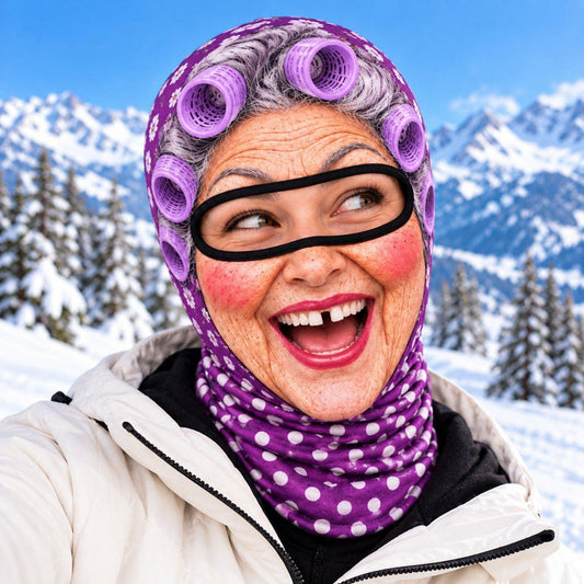 MollyTee Funny Grandma Hair Curlers 3D-Print Balaclava – Purple & Pink Floral/Polka Dot