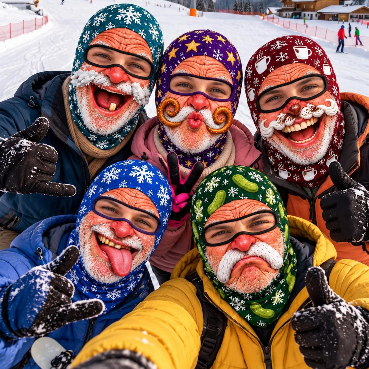 MollyTee Funny Christmas Santa Face Ski Mask Crazy Mustache Big Smile Tongue Out & Grumpy Expressions Snowflake Holiday Print Full Face Balaclava