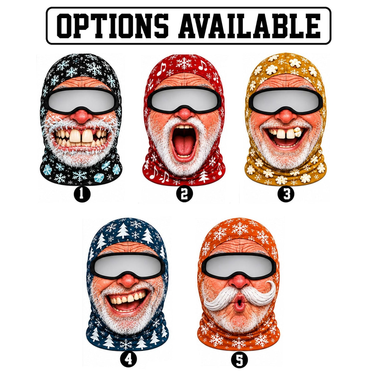 MollyTee Funny Christmas Santa Face Ski Mask Crazy Smiling Mustache & Tongue Out Snowflake Holiday Print Full Face Balaclava (5 Faces)