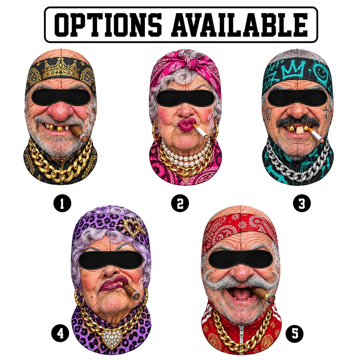 MollyTee Funny Gangster Old Man & Grandma Face Ski Mask Gold Chains Cigars Missing Teeth & Hip Hop Expressions Full Face Balaclava (5 faces)