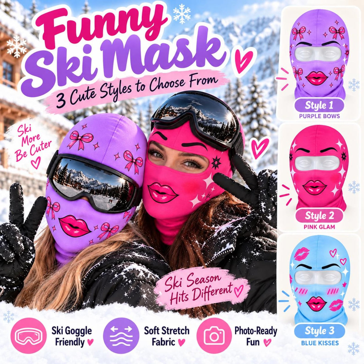 MollyTee Funny Girly Face Ski Mask Pink Purple Lips Bows & Sparkles Print Full Face Balaclava – Women's Winter Skiing Snowboarding Face Cover