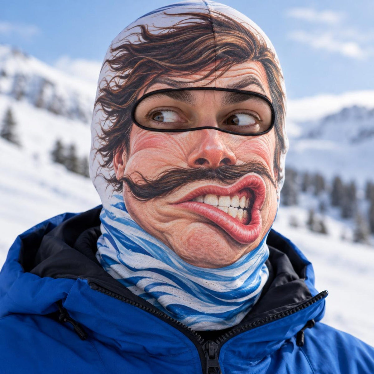 MollyTee Funny Ugly Face Ski Mask Goofy Mustache Big Teeth Crazy Tongue & Hilarious Facial Expressions Full Face Balaclava (12 faces)