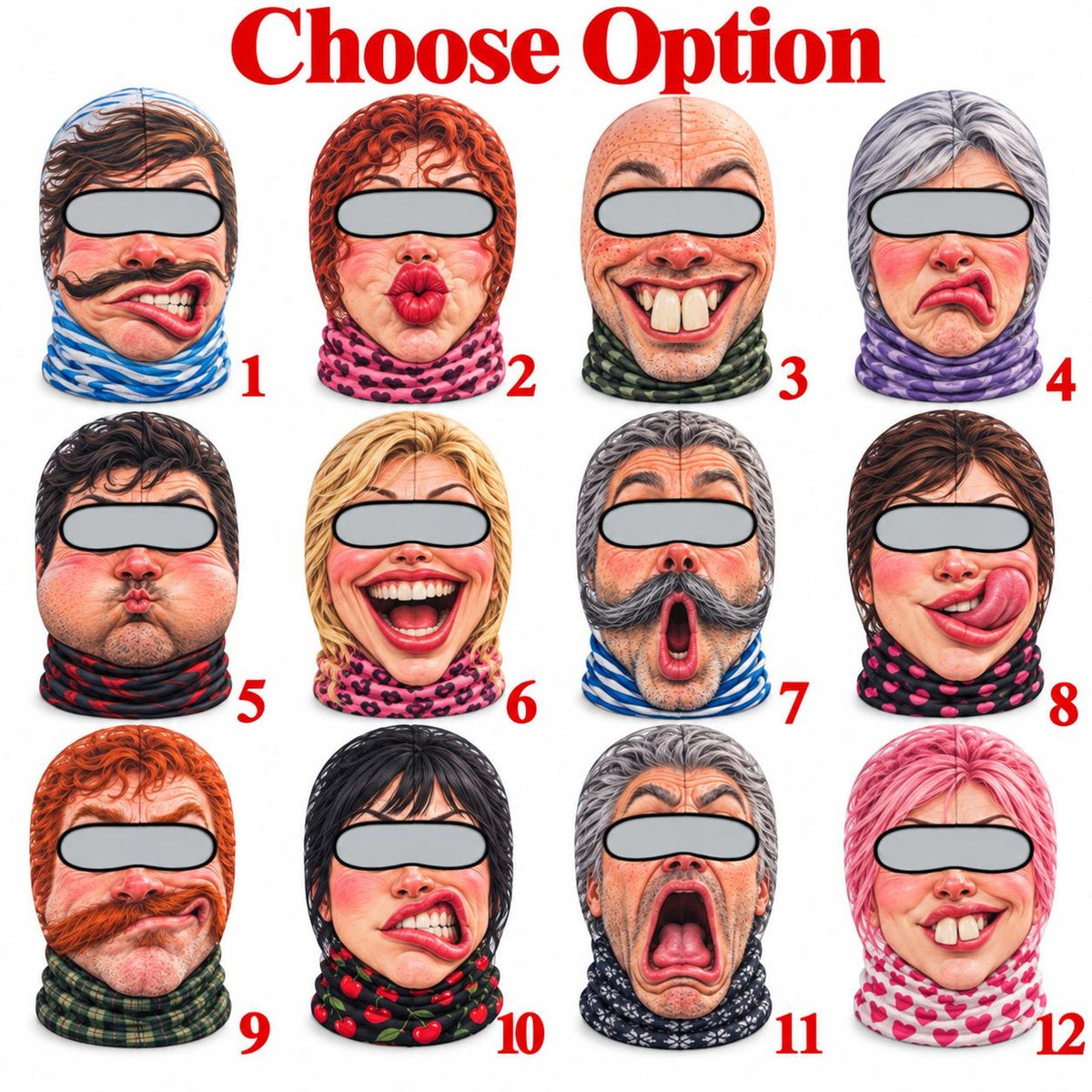MollyTee Funny Ugly Face Ski Mask Goofy Mustache Big Teeth Crazy Tongue & Hilarious Facial Expressions Full Face Balaclava (12 faces)