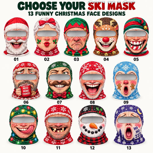 MollyTee Funny Christmas Face Ski Mask Santa Claus Snowman & Holiday Lights Print Full Face Balaclava (13 faces)
