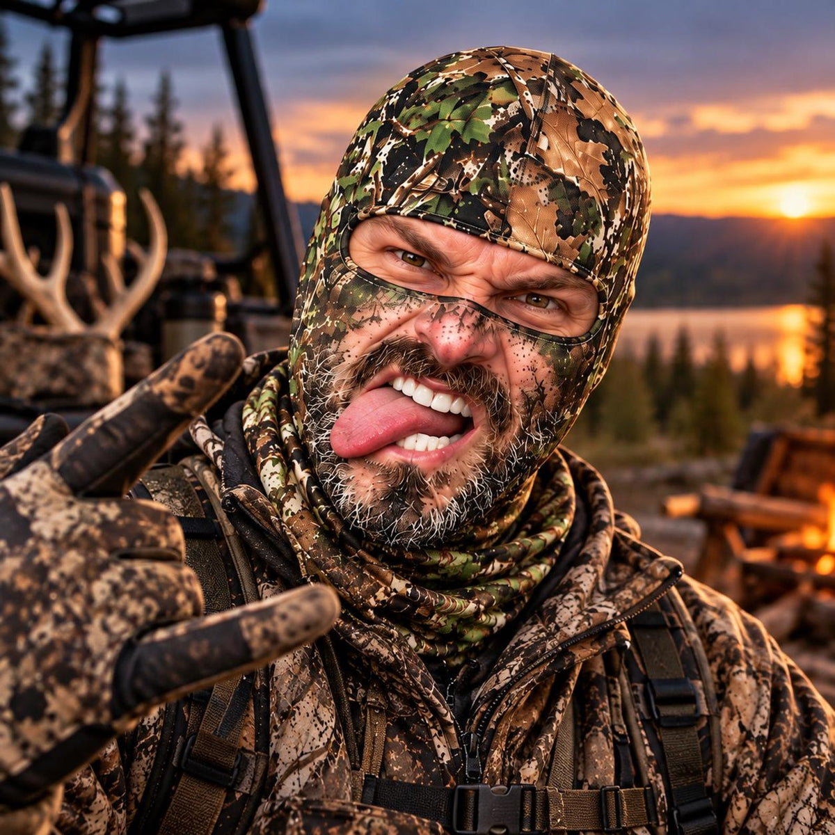 MollyTee Funny Face Realistic Forest Camo 3D Face Balaclava – Hunting & Outdoor Full-Face Mask (5 Faces)