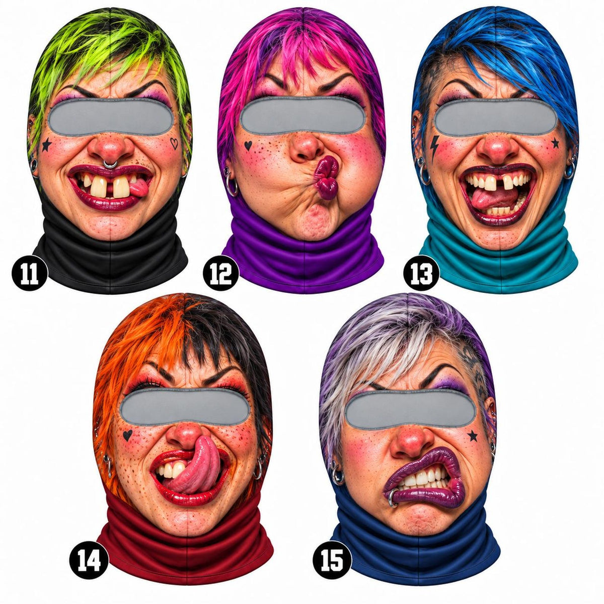MollyTee Funny Ugly Face Ski Mask Crazy Missing Teeth Big Lips Mustache & Tongue Out Expressions Full Face Balaclava (20 faces)