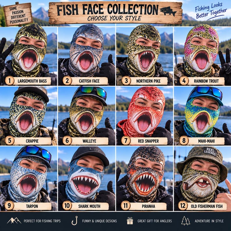 MollyTee Funny Fishing Balaclava Face Mask (12 Fishes)